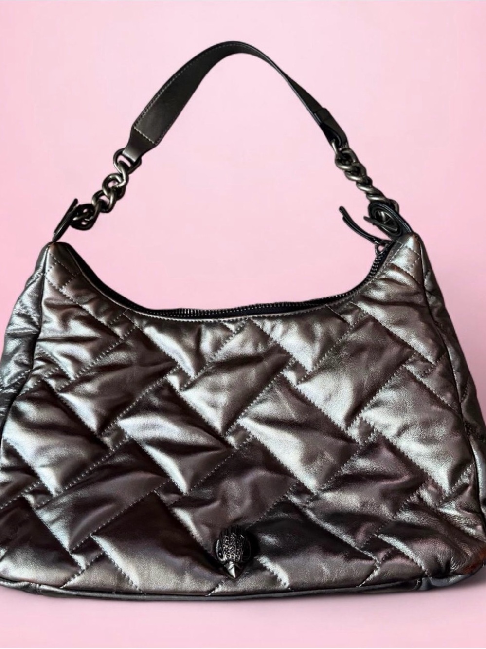 Kurt Geiger Quilted Metallic Shoulder Hobo in Gunmetal